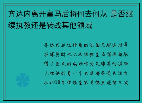 齐达内离开皇马后将何去何从 是否继续执教还是转战其他领域 齐达内离开皇马后将何去何从 是否继续执教还是转战其他领域
